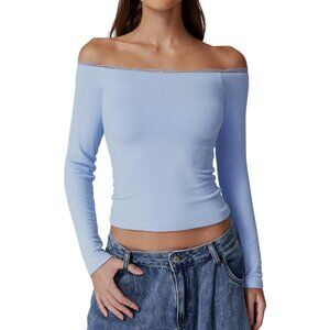 Women's Long Sleeve Off Shoulder Double Lined Slim Fit Lace Tops Blue Size S-L